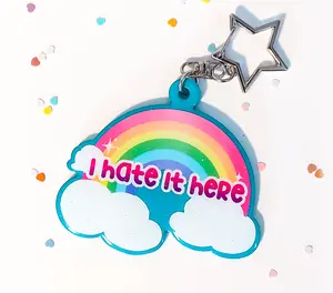 Kawaii Rainbow "I Hate it Here" Acrylic Keychain with Glitter Resin | 3 Inch Handmade Rainbow Keychain