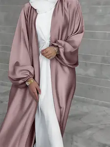 Women's Elegant Satin Bubble Sleeve Abaya Robe with Belt, Plain Color Long Cardigan, No Headscarf No Inner Layer, Modesty Abaya