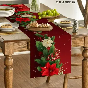 2D flat printing, 1 piece/4 pieces/6 pieces/5 pieces set/7 pieces set, Christmas table flag+placemat set, burgundy floral bell pattern, gold embellishment, durable linen fabric, suitable for indoor and outdoor party decoration