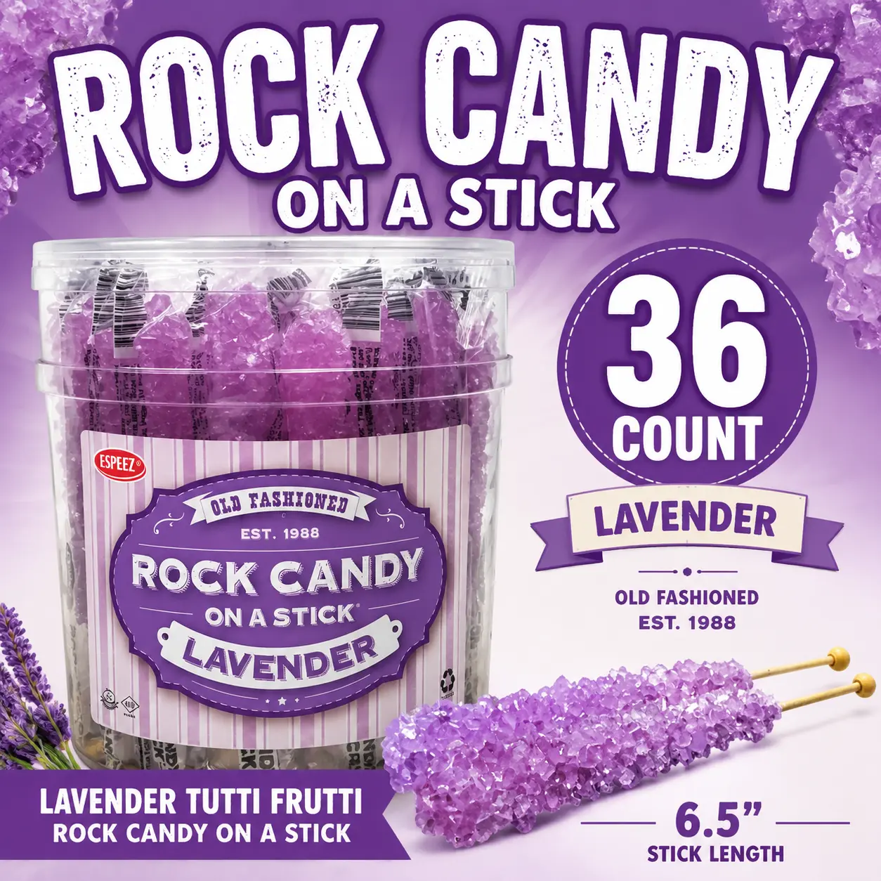 Espeez Lavender Tutti Frutti Rock Candy Sticks 6.5" 36 Count  Crystal Sugar Candy on a Stick | Elegant Party Favors & Candy Buffets