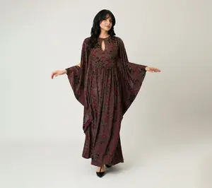 Unique Vintage Burgundy Floral Velvet Flutter Sleeve Caftan