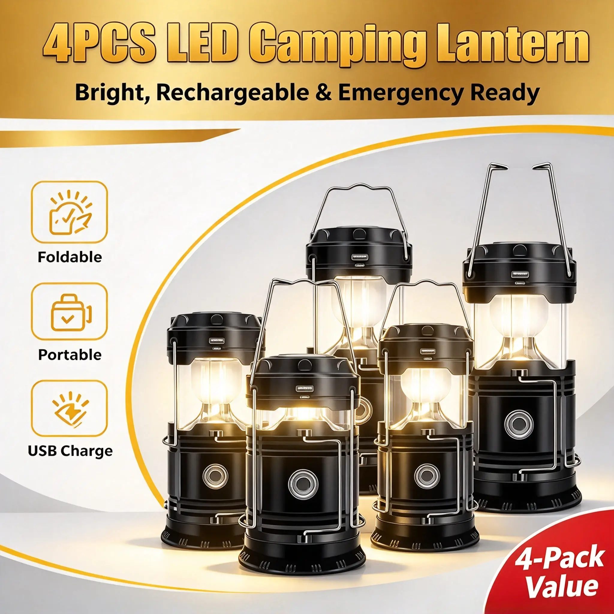 Buy 2, Get 2 Free: 4-Pack Foldable LED Camping Lantern & Flashlight Set, USB Rechargeable Survival Light with Handle, for Emergency, Camping, Repair & Hurricane