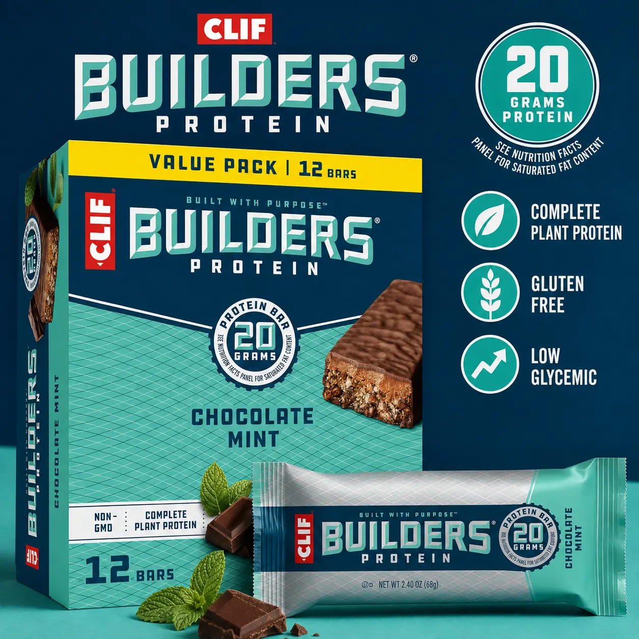 CLIF BUILDERS Protein Bars Chocolate Mint 2.4 oz 12 Count High Protein Snack Bars