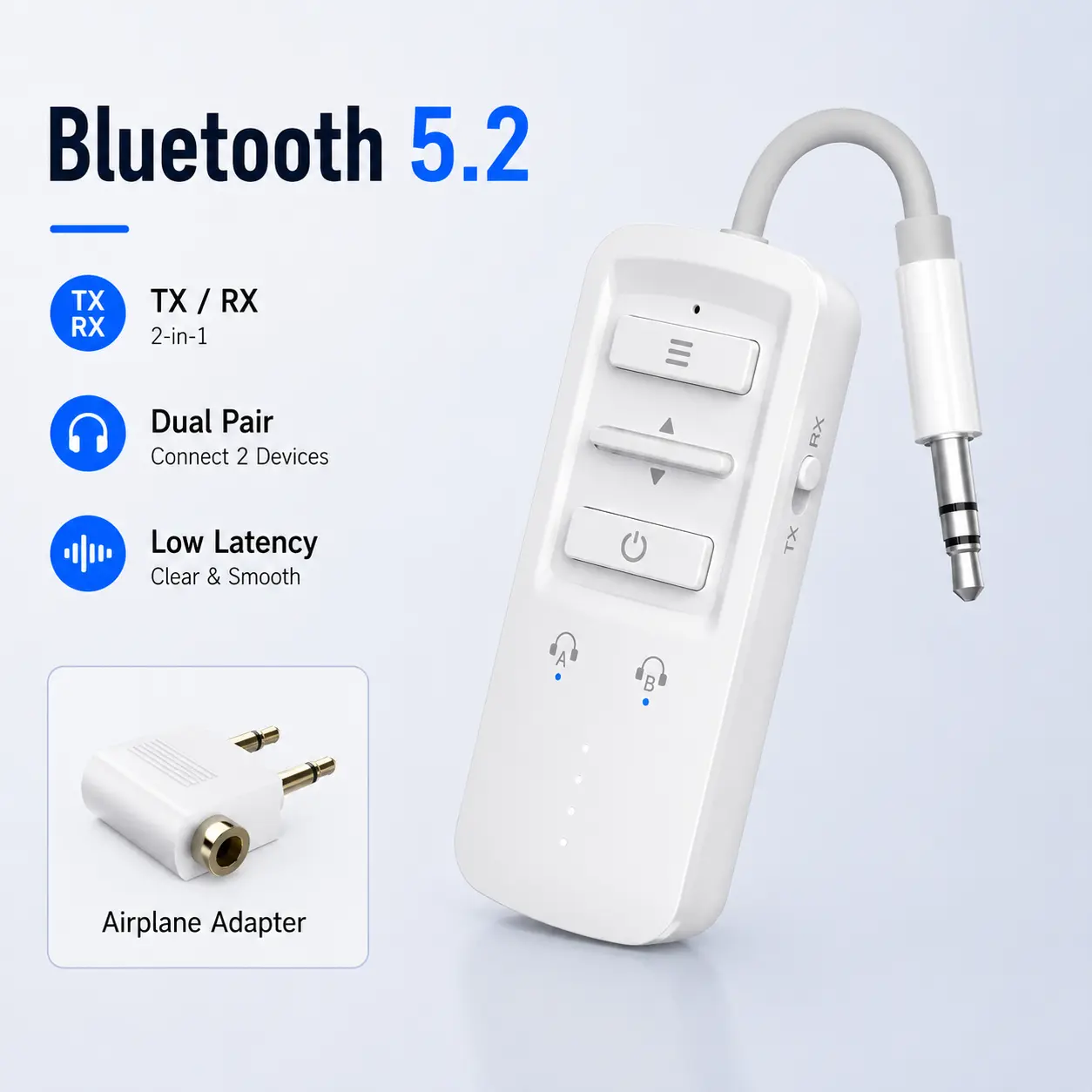 YOCOWOCO Airplane Bluetooth 5.2 Transmitter Receiver for 2 AirPods or Headphones, Wireless Audio Adapter for Plane, TV, Gym, Travel, Compatible with 3.5mm Aux Jack on Car and Home Stereo (White)