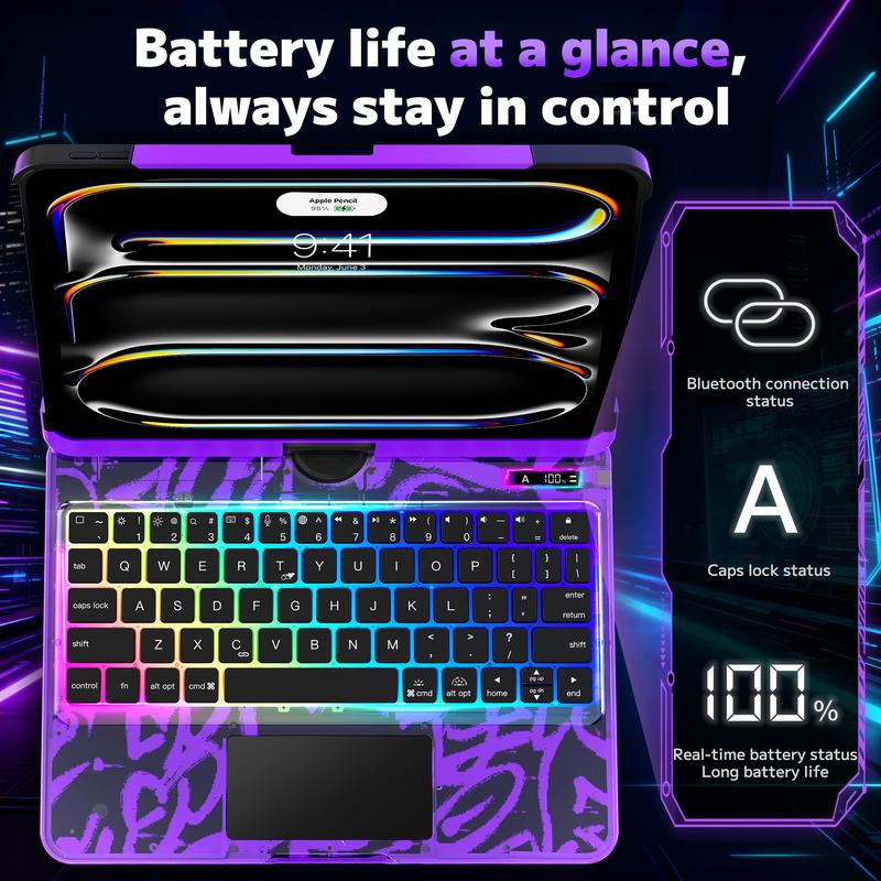 Y2K Dopamine Purple iPad Case With Keyboard- 360° Rotating Multi-Touch Trackpad, RGB Backlit Keyboard, Transparent Back, Pencil Holder, Type-C Charging