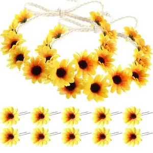 12-piece sunflower hair accessories set includes 10 sunflower hair clips and 2 headbands; hippie daisy clips and flower crown wreaths for women, bridesmaids, and weddings