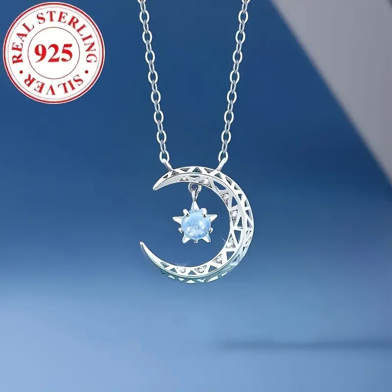 Women's Unisex 925 Sterling Silver Luxurious Celestial Moon Pendant Necklace - Synthetic Blue Zirconia, June Birthstone, Hypoallergenic, Durable, Perfect Gift for Daily/Events Use