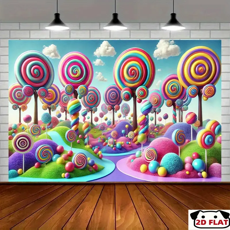 2D Flat Banner 1pc, Whimsical Candyland Backdrop Banner, ,  Multi - Purpose Party Decoration, Vividly Colored Fantasy Tree Scene, Ideal Indoor & Outdoor Celebrations, Studios, Home Festivities, Event Banner, H