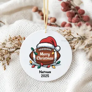Personalized Football Ornament Custom Name & Year Football Player Christmas Gift Coach Team Keepsake Gift for Football Lover Merry Christmas Santa Hat Ceramic Ornament