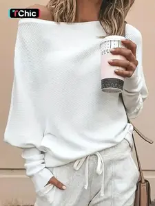Women's Plain Asymmetrical Hem Boat Neck Batwing Sleeve Sweater, Casual Long Sleeve Jumper & Fall, Women's Knitwear Daily Wear(gift)Gift