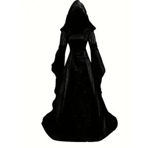 [GothicMedievalDress]BlackGothicWomen'sMedievalHoodedDress-A-LineCorsetRenaissanceCostumewithBellSleevesforHalloween,Cosplay,orThemedParties