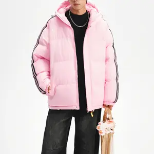 Puffer Jacket Men's Three-Stripe Winter Hooded Warm Coat Sporty Stylish Cotton Loose Fit for Casual Outings with Striped Sleeves and Comfort Stand Collar