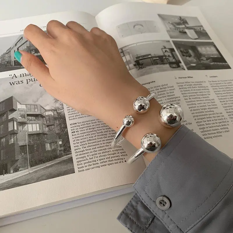 925 Sterling Silver Simple 2-Ball Lady Bangle - Trendy Accessory, Versatile Piece, Glossy Ball Design, No-Fade, Elegant, Silver Stacking, Wholesale Fashion Jewelry, Girlfriend Gift for Minimalist Outfits