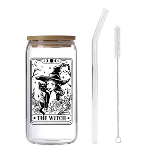 1 Set 16oz Glass Cup with Straw & Brush, Witch Tarot Card Design, Bride Gift, High Borosilicate Glass, Stylish Drinkware, Coffee Mug, Tea Cup, Decorative Glass