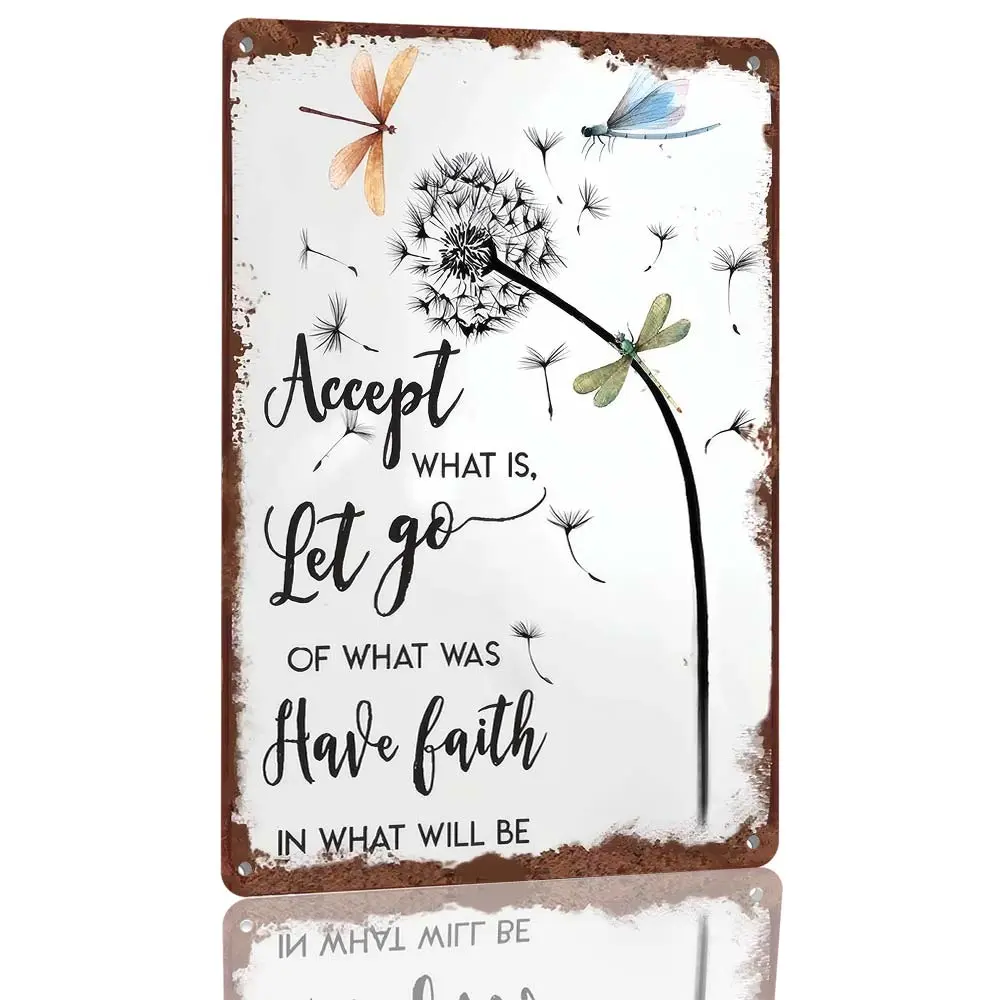 Decorative Aluminum Inspirational Wall Art Sign - Dragonfly & Dandelion Design, "Accept What Is, Let Go Of What Was", Rustic Farmhouse Bedroom Home Decor, 12×8 In
