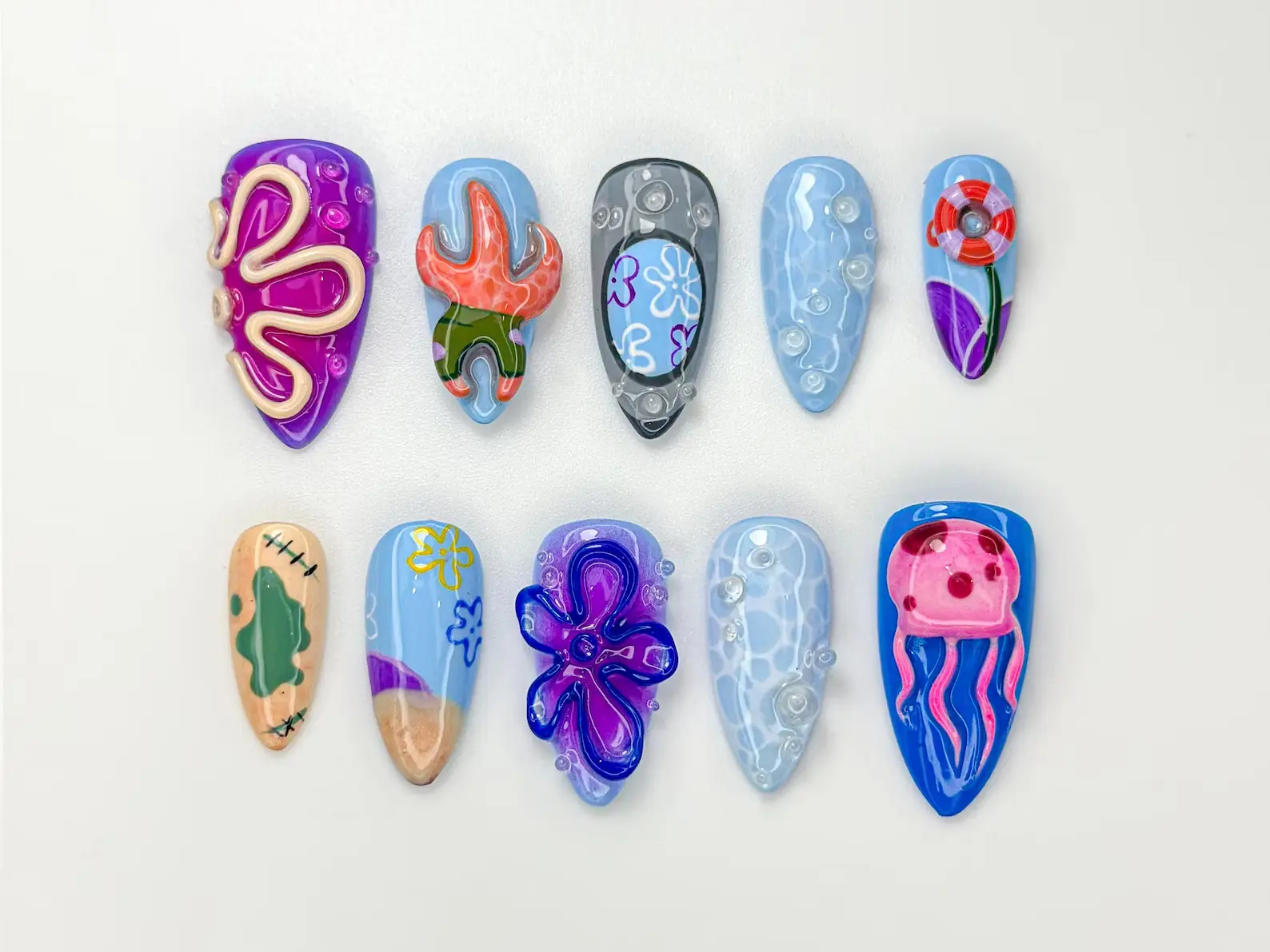 Handmade 3D Cute Shark Press On Nails | Ocean Blue, Whale Shark & Predator Designs | Kawaii Animal Nails