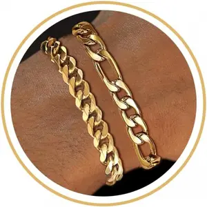 2count Stainless Steel Bracelets for Men 14K Gold Plated Cuban Link Figaro Rope Silver Chain Bracelet Set Curb Width Sturdy Bracelet 7.5/8.3/9 Inches Jewelry Gifts for Dad Husband-USA