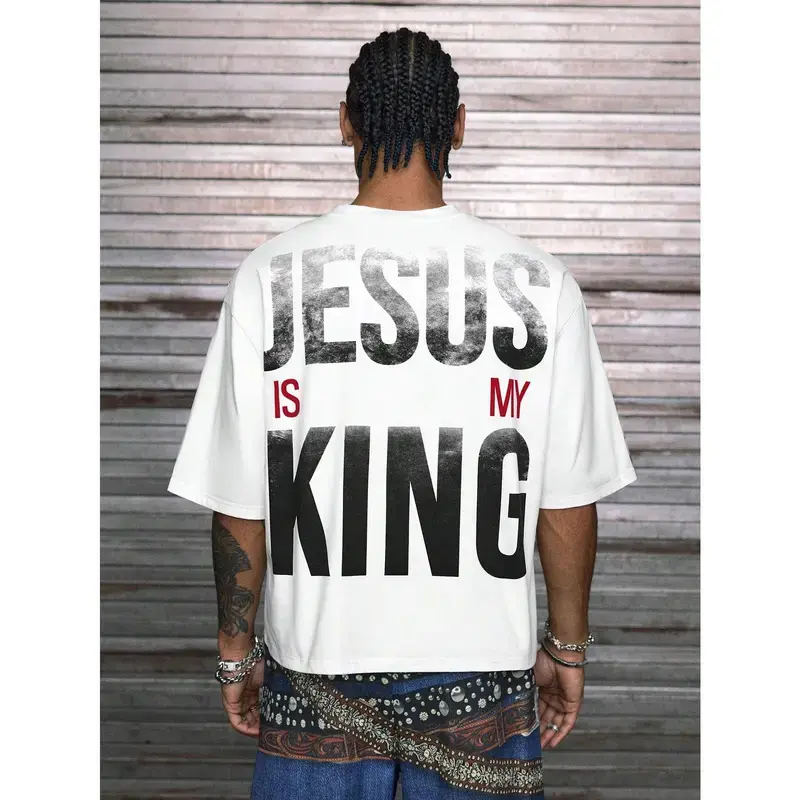 【Order Size Up】Men's Christian Style Fashion Short-Sleeve V-Neck Cropped Printed Patchwork Stylish Streetwear T-Shirt, Multi Sizes, DealsForYouDays Menswear Top