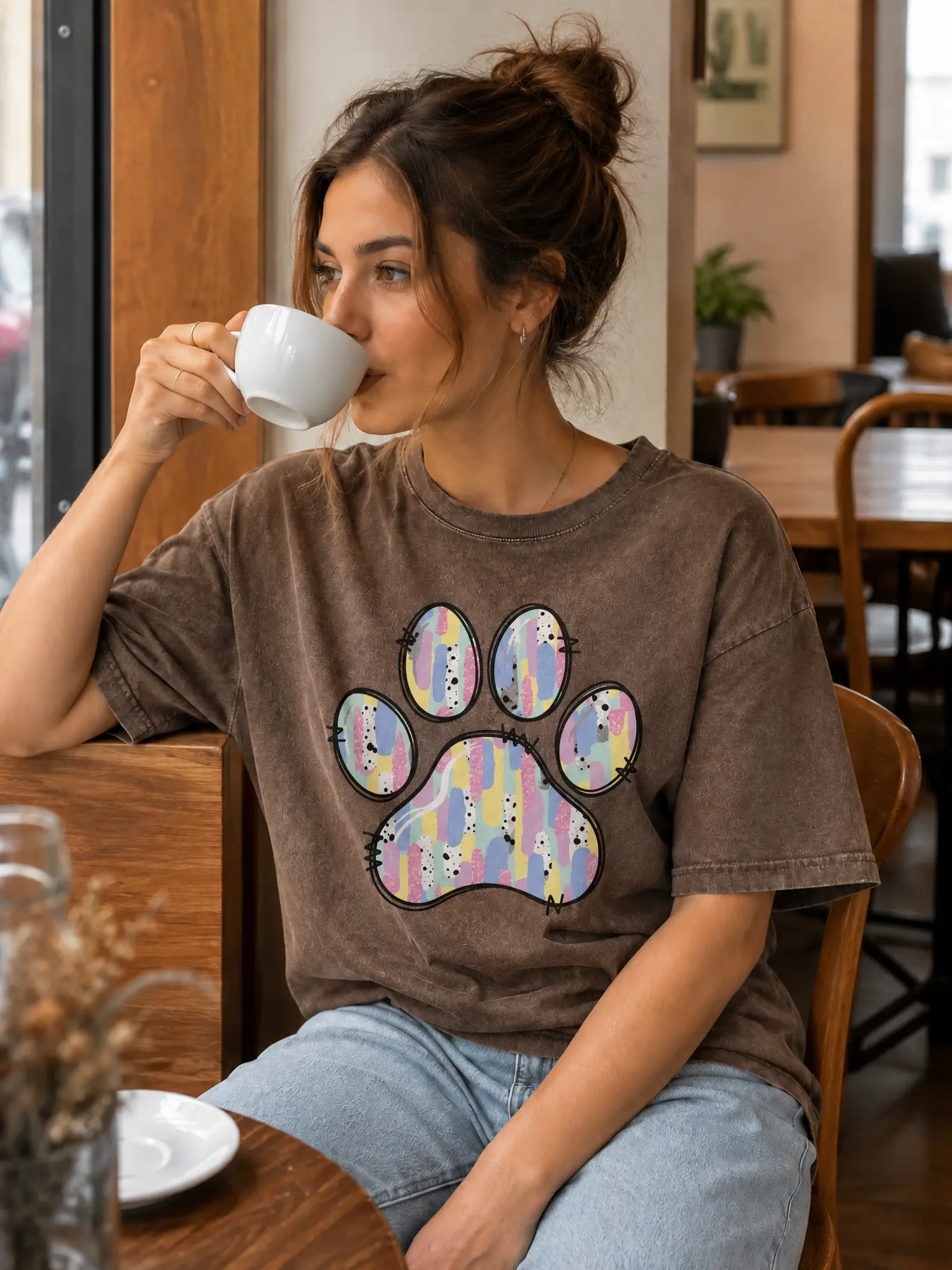 Pet Paw Art DTG Printed Tshirt, Vintage Washed Cotton Unis Oversized Tee, Skin-friendly Breathable Basic Garment For Animal Lovers & Casual Style Fans, All Season Wardrobe Essential, Streetwear,Travel, Weekend Wear and Everyday Style