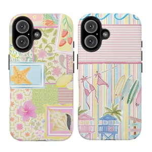 Girly Pastel Beach Phone Case – Coastal Patchwork Collage with Surfboard, Bikini, Seashell & Floral Design for iPhone 11 12 13 14 15 16 17 Pro Max & Galaxy S21–S25, Cute Summer Aesthetic, Soft Retro Scrapbook Style, Perfect Gift for Her Women Girls