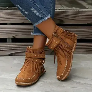 Vintage Suede Tassel Buckle Ankle Boots