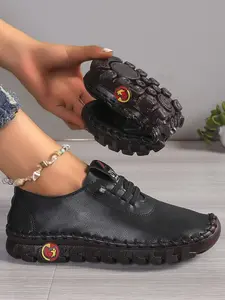 Women's Hand Stitched Casual PU Leather Loafers, Mom Shoes, Multiple Colors Available, Anti-Slip Rubber Sole, Lace-Up Flat Sneakers