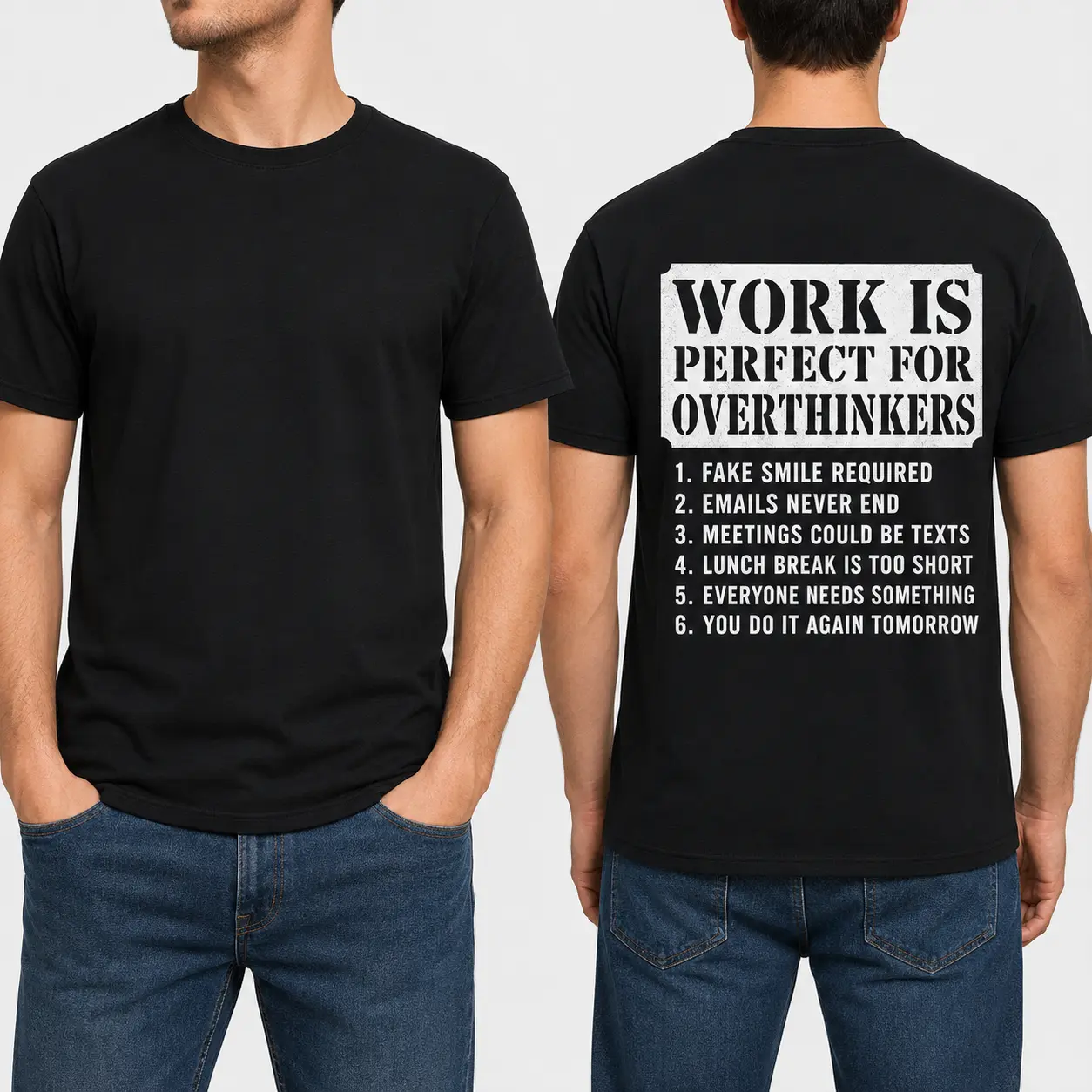 Men's Overthinker Graphic T-Shirt, Shortsleeve Athletic Fit Cotton Tee with Funny Office Humor Back Print, Foldable All Seasons Basic Top