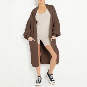 Longline Balloon Sleeve Cardigan (Fits US 2-22),Trendy Knitwear,Plain Open-Front Side Pockets Cardigan,Clothes Length 43.5" Womenswear Tops fitted striped