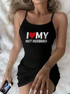 Women's Casual Letter Print Camisole Nightgown Back To School I Love My Husband Nightgown Women Nightgown Cute Nightgown Sleep Dress