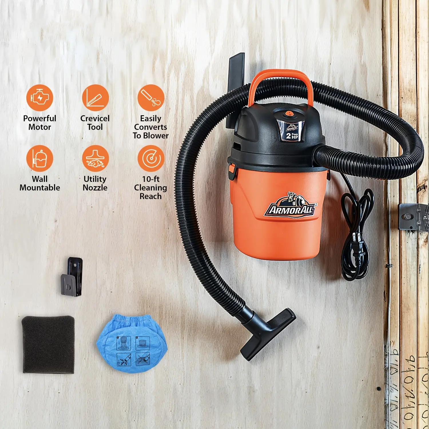 1.5-Gallon 2 Peak HP Portable Wet/ Dry Vacuum Cleaner Shop Vac, Easily Converts to Blower, Ideal for Car Interiors