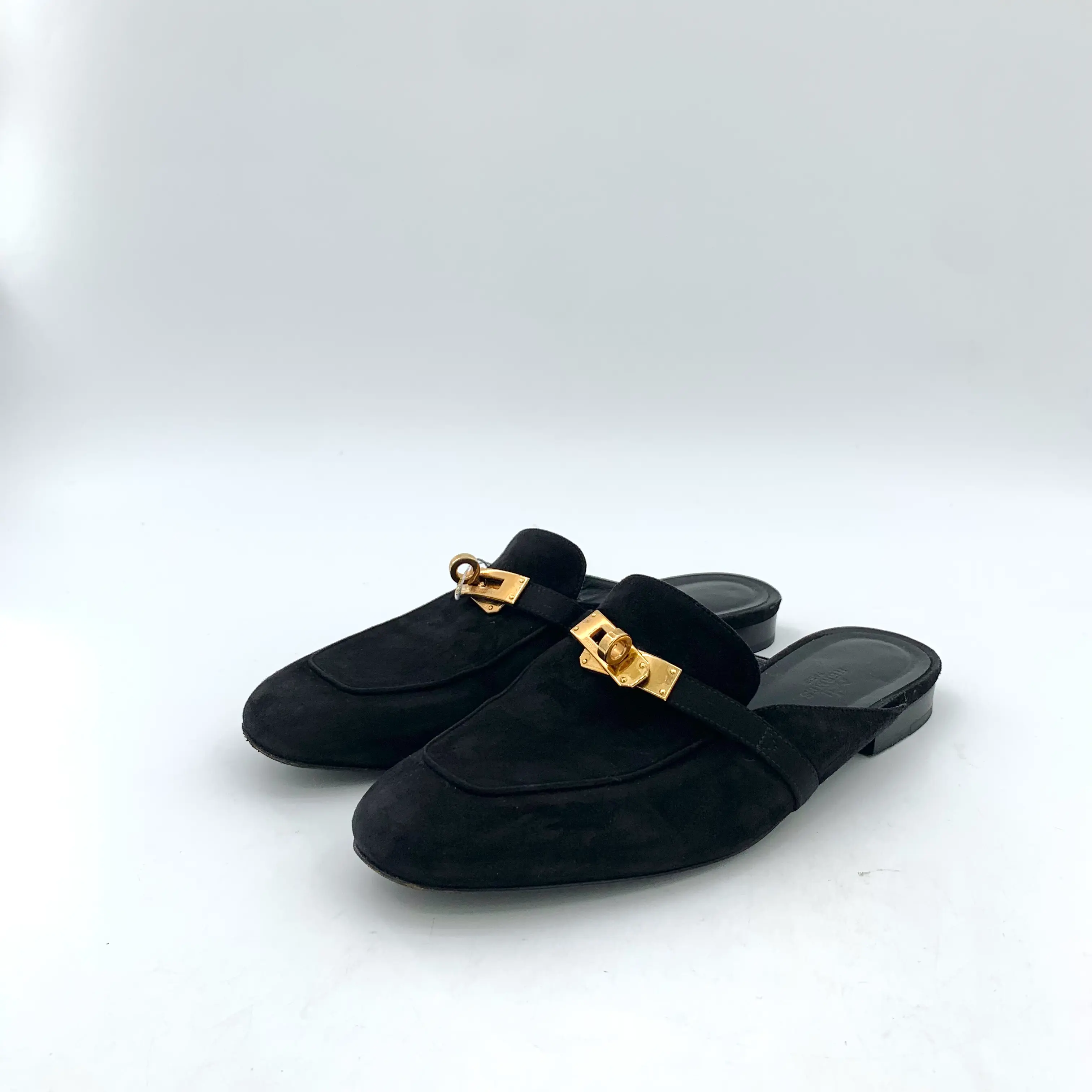 RDLT-Hermes Size 38 Oz Black Leather Silver Buckle Closed Toe Mule Slides-J35508