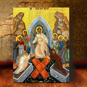 2D Flat, 1pc — Handmade Greek Orthodox Resurrection Icon — Framed Canvas (11.8 x 15.7 inches), Byzantine Art Wall Hanging featuring Our Lord Risen from the Dead, Religious Home Décor, Spiritual Wall Art | Byzpheric Style | Handcrafted