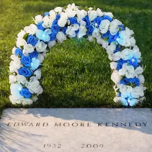Artificial Cemetery Floral Arch Kit for Grave Realistic Cemetery Decoration Flowers with Light Headstone Flowers for Memorial Grave Tombstone Decoration (Blue,Rose)