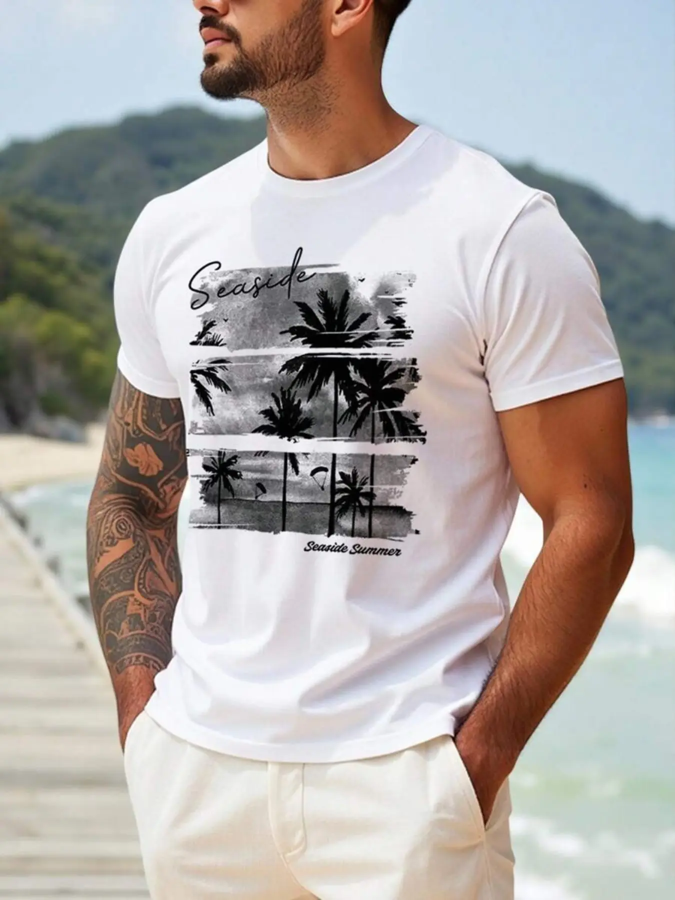 'Seaside Summer' Retro Palm Tree Beach White Short-Sleeve T-Shirt, Casual Summer Surf Streetwear Top, Premium Cotton Fabric, Bold Monochrome Tropical Aesthetic, Trendy Slim-Fit, Graphic, Seaside Print, Versatile Daily Wear, Casual Summer Clothing
