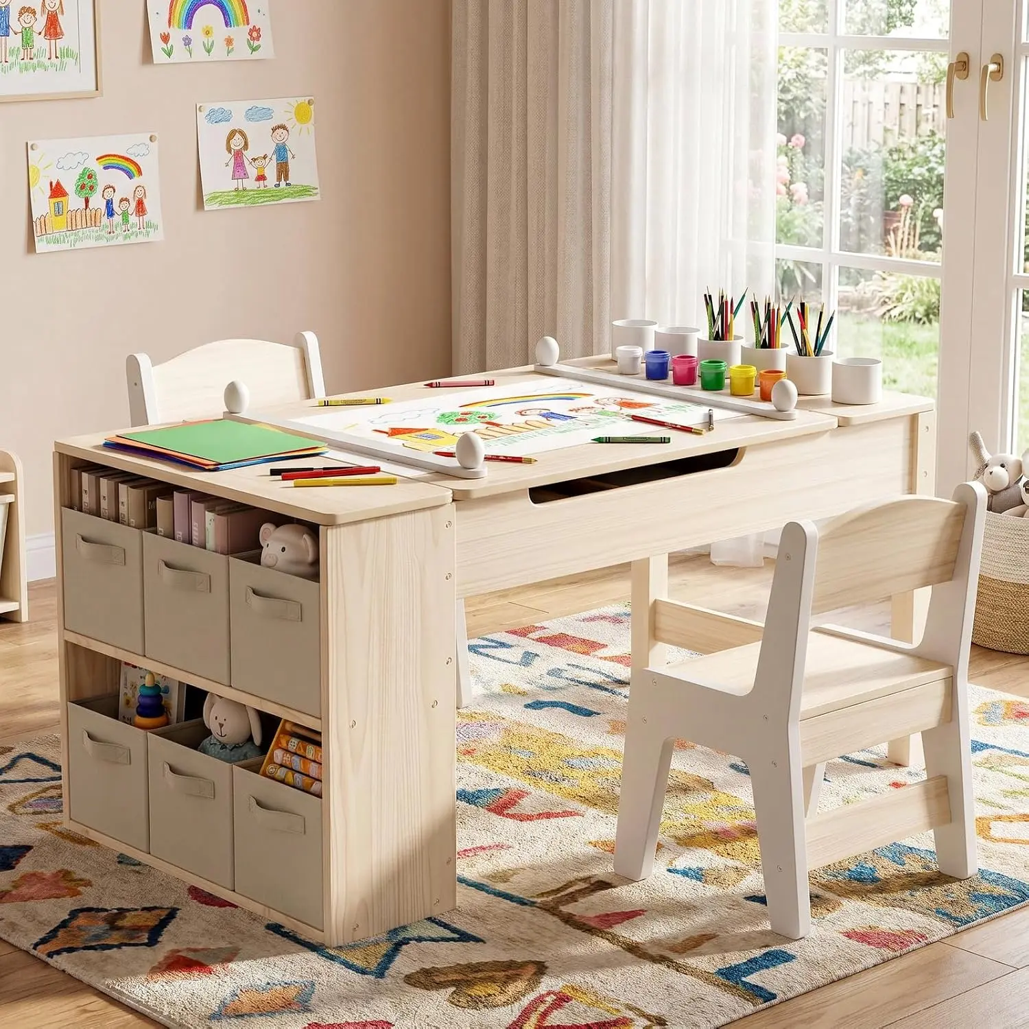 MAMIZO Montessori Kids Table and Chair Set, Wooden Toddler Multifunctional Activity Table with Large Storage, 6 Storage Bins & 6 Paint Cups for Children Learning Drawing Playing multi-activity mesa