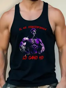 Men's Muscle Ghost Face Print Tank Top, Sleeveless Spanish Slogan Fitness Shirt, Casual Street Style Sports Vest, Trendy Graphic Workout Top