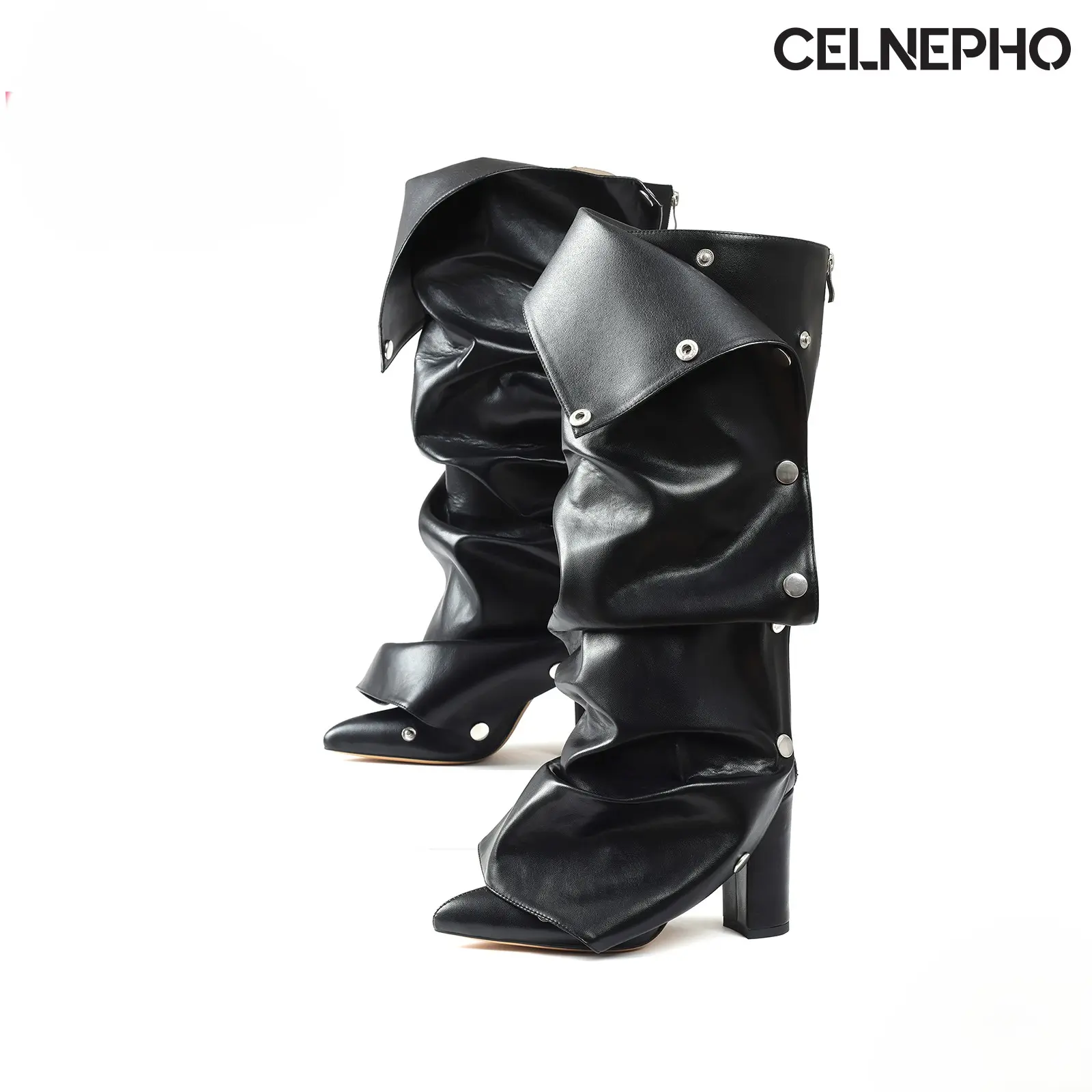 CELNEPHO Knee High Boots for Women Pointed Toe Slouchy Boot Block Heel Detachable Snap-off Panel Fashion Booties Back Zipper Closure Easy Pull on Casual Wear Party Date Festival Dress Shoes