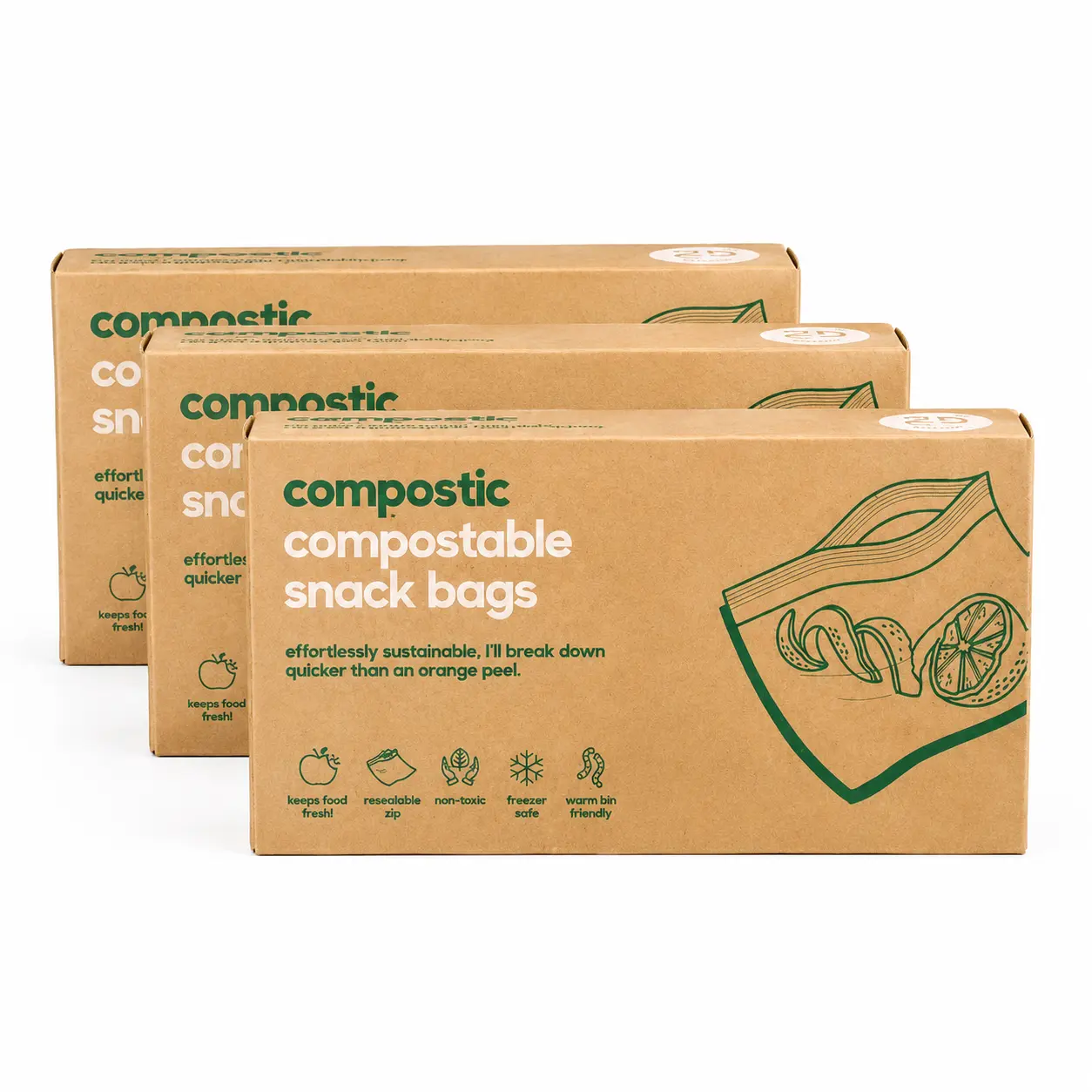 Compostic Compostable Storage Snack Bags with Containers, 25-Count per Pack (Pack of 3)