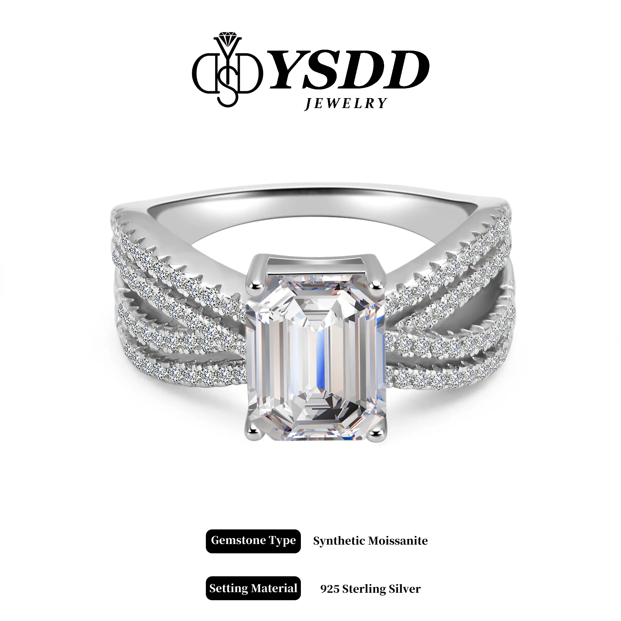 【#262 Muse】3Carat Emerald Cut Classic Split Shank Engagement Ring Synthetic Moissanite Ring in 925 Sterling Silver