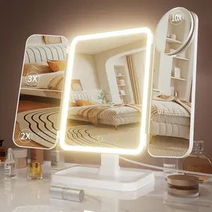 Makeup Mirror Vanity Mirror with Lights, 2X, 3X, 10X Magnification, Touch Control, Trifold,  9.4" L x 13.4" W, Modern Style, Dresser Mount, Bathroom，USB Rechargeable Makeup Mirror，Three-color adjustable, beauty and light-filling makeup mirror
