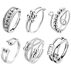 OIDEA Women's 6-Piece Adjustable Brass Beaded Fidget Anxiety Rings Set - Adjustable Expandable, Kinetic Spinner Band Rings, Adjustable Expandable Rings, Kinetic Rings