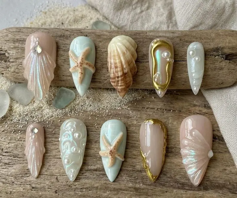 Mermaidcore Press On Nails | Ocean Shell & Starfish Design | Handmade Beach Vacation Nail Set