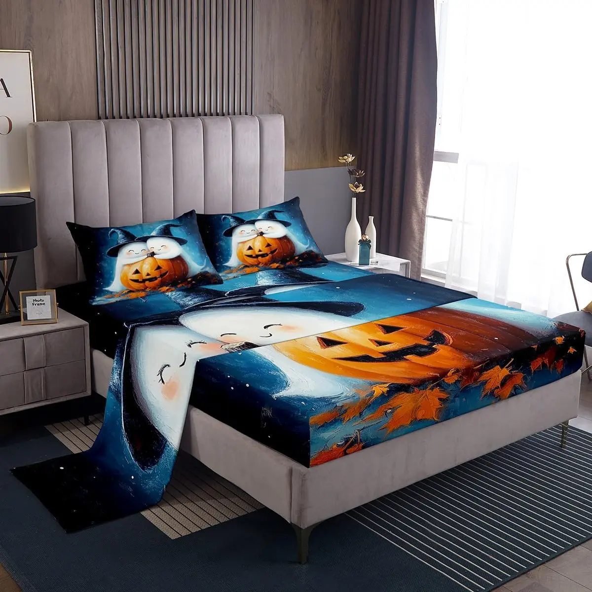 Feelyou Cute Ghost Pattern Bedsheet Sets - King Size Matching Bedding, Cool Soft Sheets, Halloween Fitted Sheet, Pumpkin Themed Room Decor for Kids