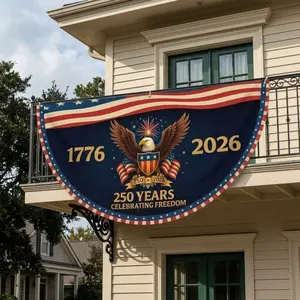 (1 Piece Only) 250 Years Celebrating Freedom Semicircular Flag 1776-2026 Patriotic Eagle Fireworks USA Flag Banner, American Independence Day Decor, Semicircle Fan Flag Outdoor Balcony Fence Porch 4th Of July Decoration