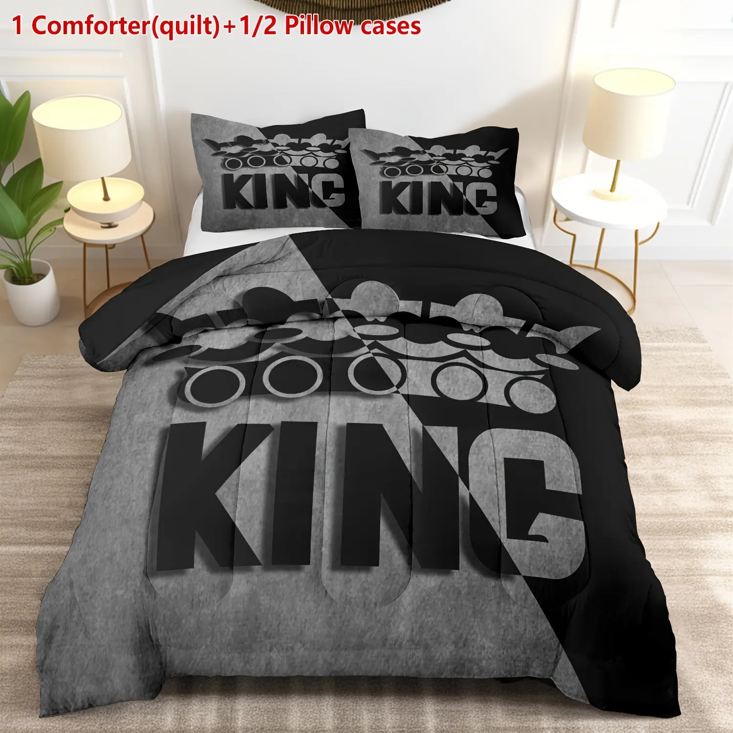2/3-Piece Breathable Letter & Other Patterns Soft Polyester Comforter Set - Black & Dark Gray, Includes 1 Quilt + 1/2 Pillowcases (No Inserts), All-Seasons Bedding for Room Decor