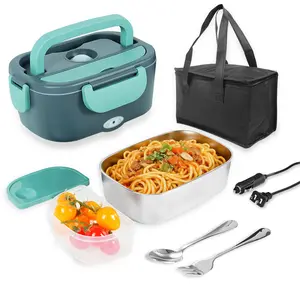 Electric Lunch Box 50.72oz - 110V Home & 12V/24V Car Portable Food Warmer Stainless Steel Heated Meal Container with Fork & Insulated Bag for Truck Drivers Office Travel Camping College Fast Heating Leak Proof Dishwasher Safe