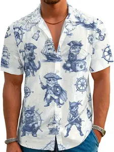 Men's Hawaiian Shirt with Fun Print, Fitted Short Sleeve Casual Top, Summer Beach Vacation Wear, Button-Up Leisure Shirt