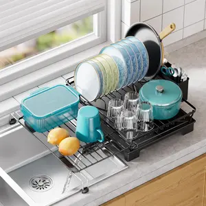 Expandable Over the Sink Dish Drying Rack with Drain Hose - Adjustable 13.25-21.75 Inch Large Capacity Dish Drainer, Telescopic Legs 15.63-19.25", Rustproof Metal & Plastic Kitchen Sink Organizer, Automatic Drainage, Easy Assembly