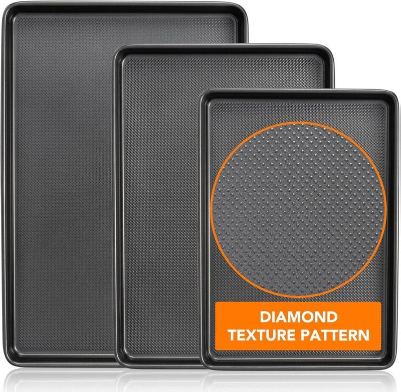 Baking Sheet Pan Set of 3, Nonstick Cookie Sheets for Oven, Heavy Duty Carbon Steel Half & Jelly Roll Pans with Diamond Texture Pattern, 0.8mm Thick Durable Baking Trays