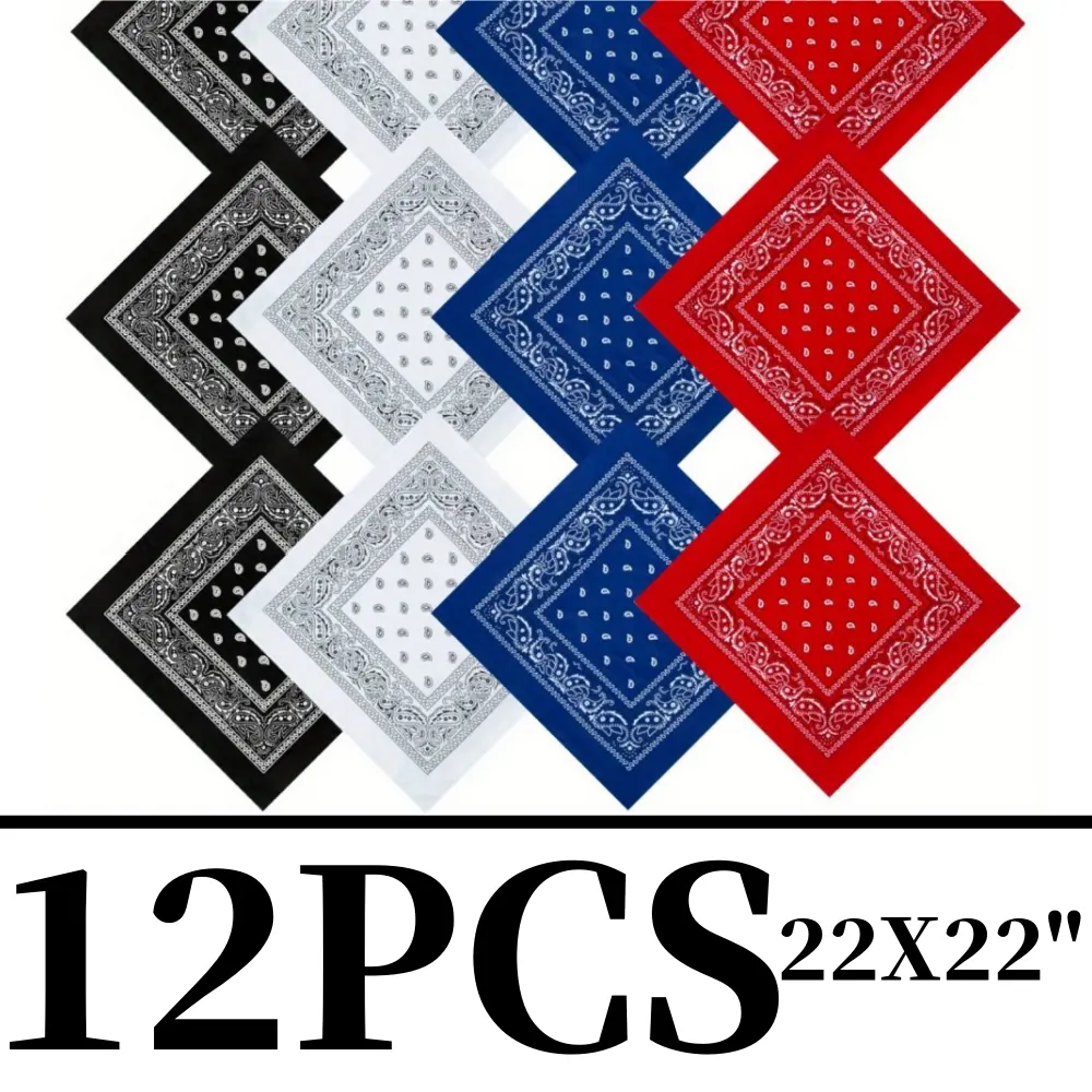 12 Pack Large Paisley Bandanas for Adults, Unisex Cowboy-Style Head Wrap & Face Cover, 4-Color Set for Sports & Outdoors